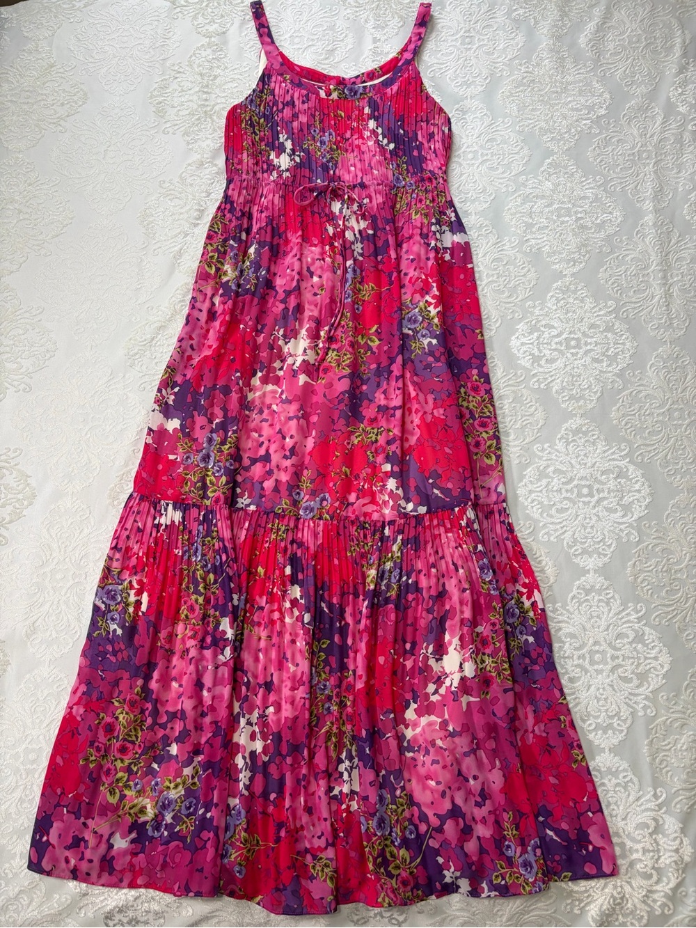 Coldwater Creek Pleated Floral Maxi Dress Pink Purple Tiered 4